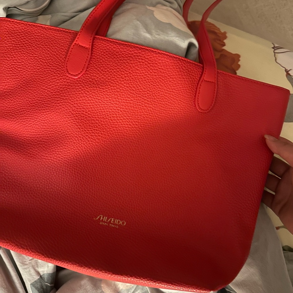 Shiseido Red Textured Leather Tote